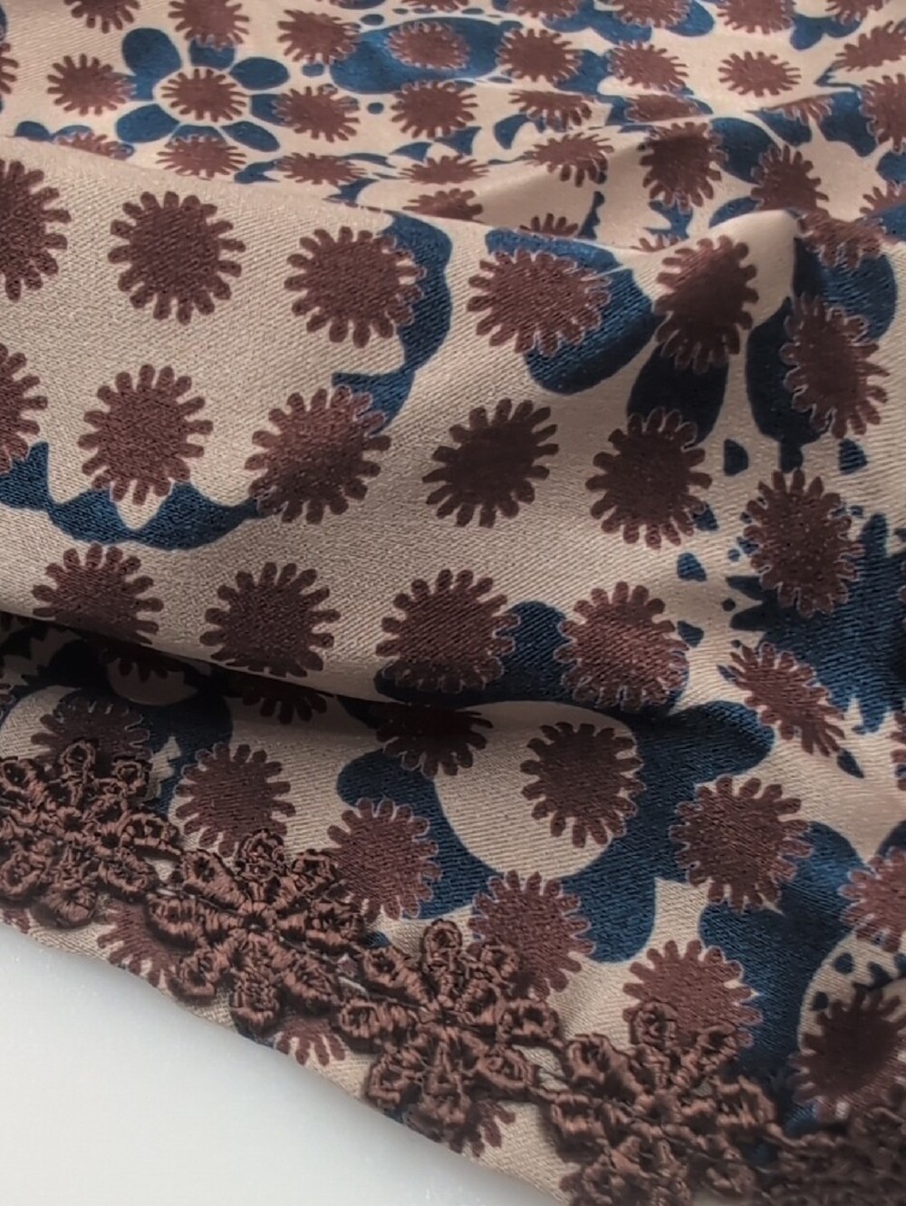 Bye Paris 100% Silk Scarf Square Floral Crochet Trim Beige Blue Brown